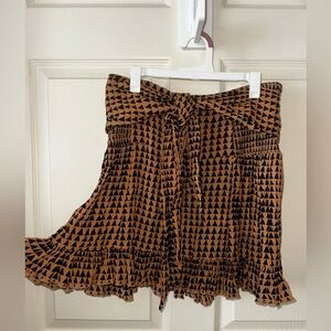 Free People One Brown Geometric Patterned smocked tie waist Skirt S summer beach